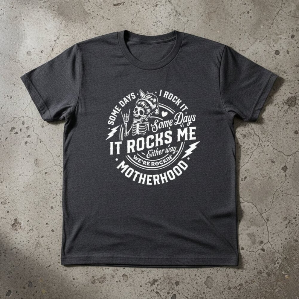 Some Days I Rock It Motherhood Skull Mom Dark Gray Funny Graphic Tee